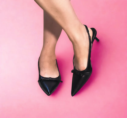 SASSY Black Kitten Heel Pump Slingback Faux Leather