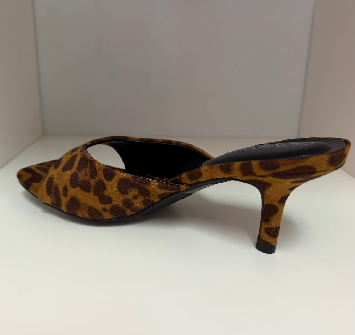 ELLIE-40 AG26 LEOPARD PRINT FAUX SUEDE SLIP ON MULE OPEN TOE KITTEN HEEL SANDAL