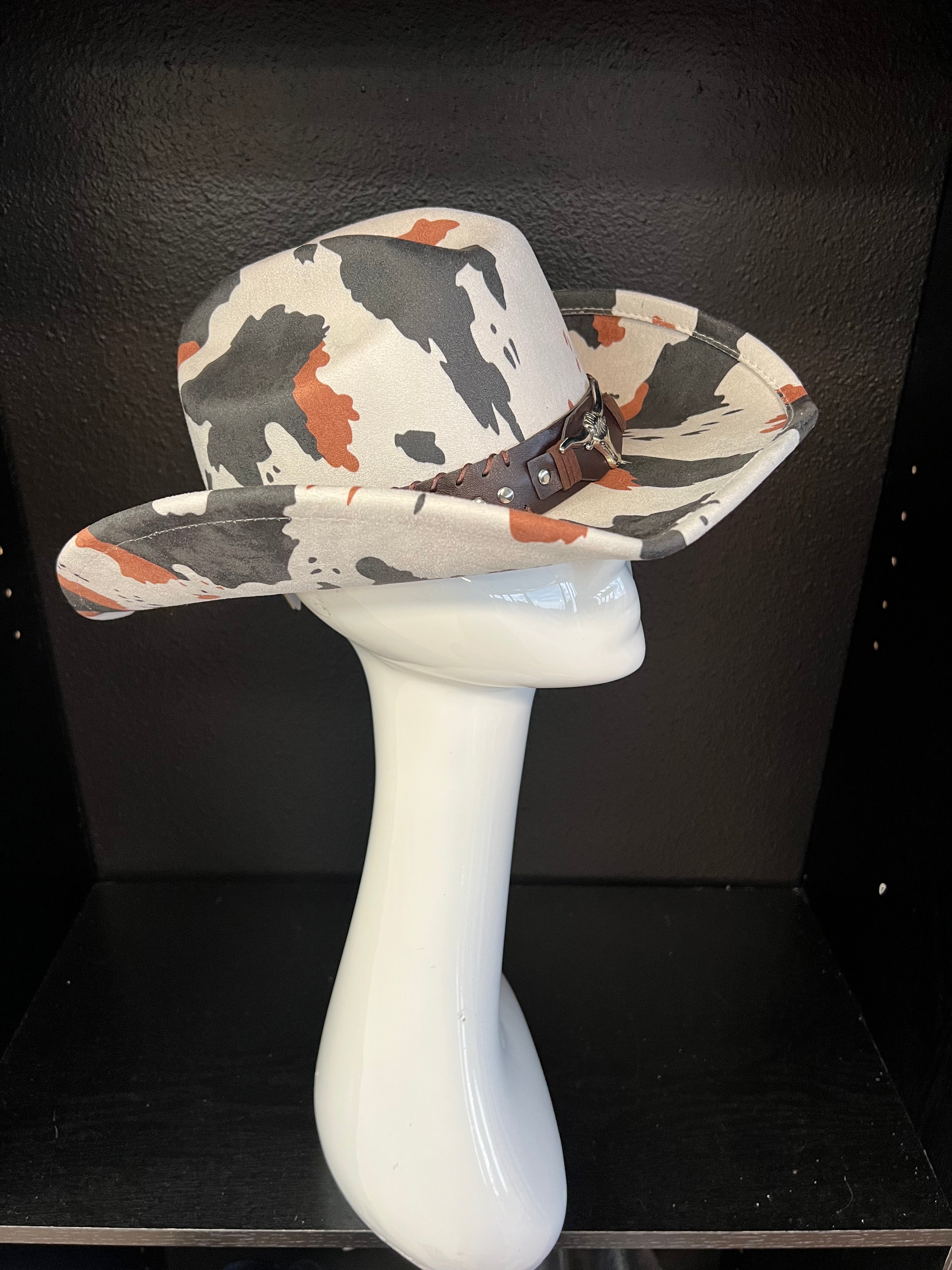 PASTURE COWBOY HAT IN COW PRINT -faux suede cowboy hat