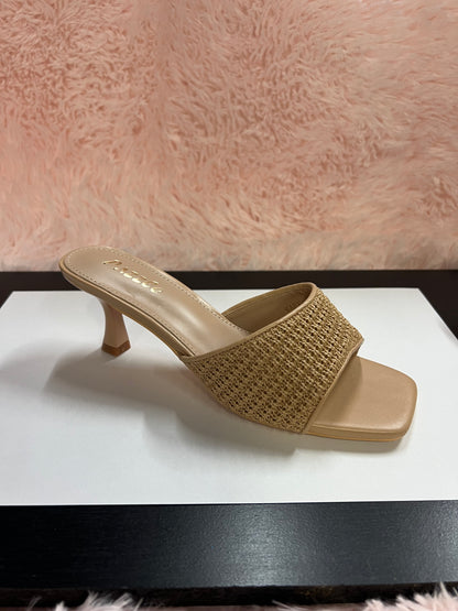MARY-101 Nude Natural Woven Raffia Kitten Heel Open Toe Mule