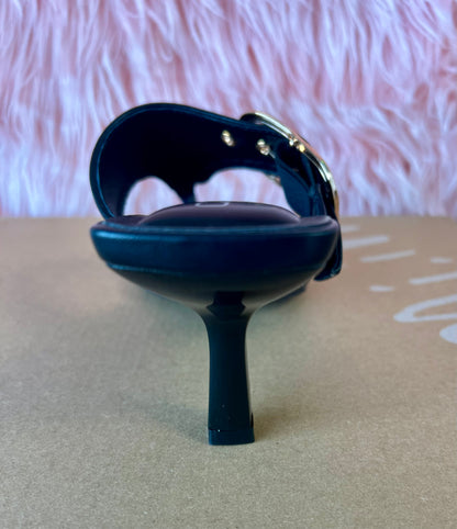 MERASA-13 Black Kitten Heel Split Toe Black Faux Leather - Slip On - Square Open Toe