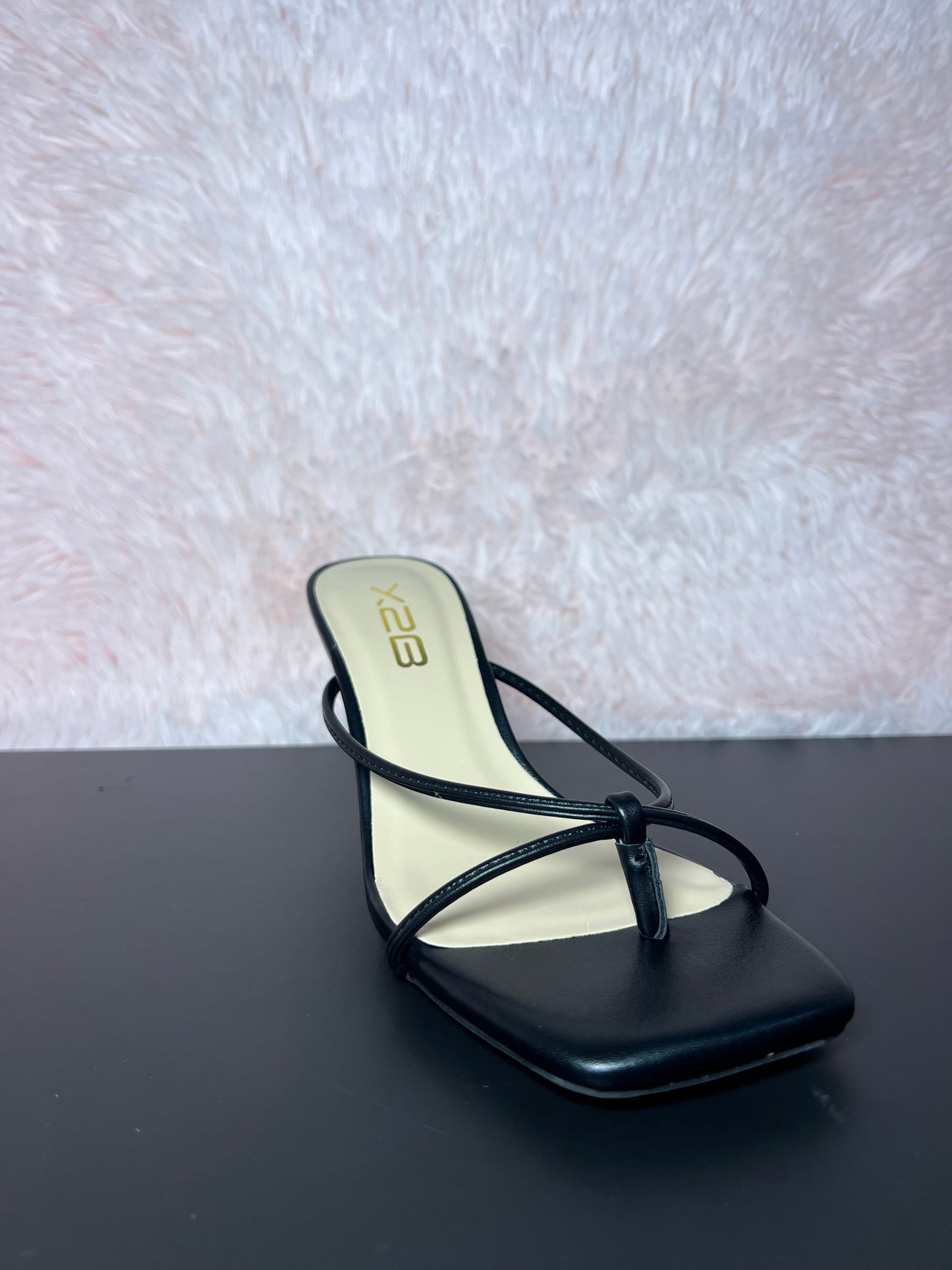 DOVIE-1N Black Kitten Heel Split Toe Black Faux Leather - Slip On - Square Open Toe