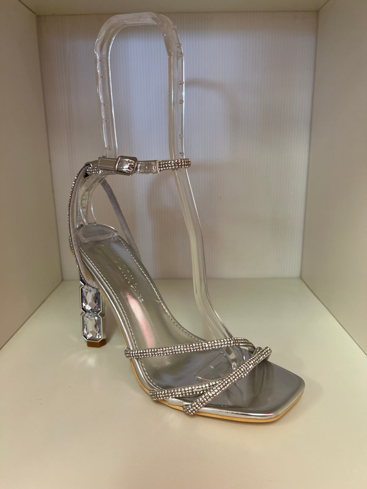 GEMSTONE-03 SILVER BLINGY HEELS WITH 3 RHINESTONE STRAP VAMP AND EMBEEDED JEWELS IN HEEL