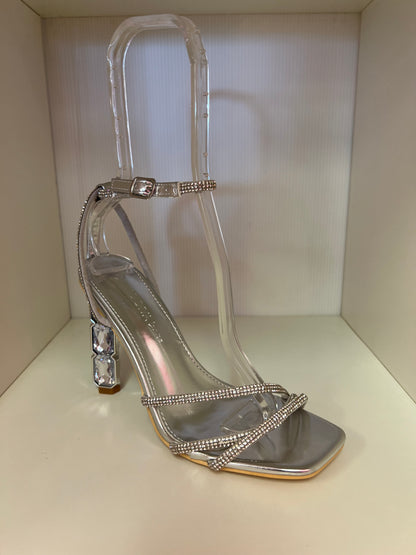 GEMSTONE-03 SILVER BLINGY HEELS WITH 3 RHINESTONE STRAP VAMP AND EMBEEDED JEWELS IN HEEL