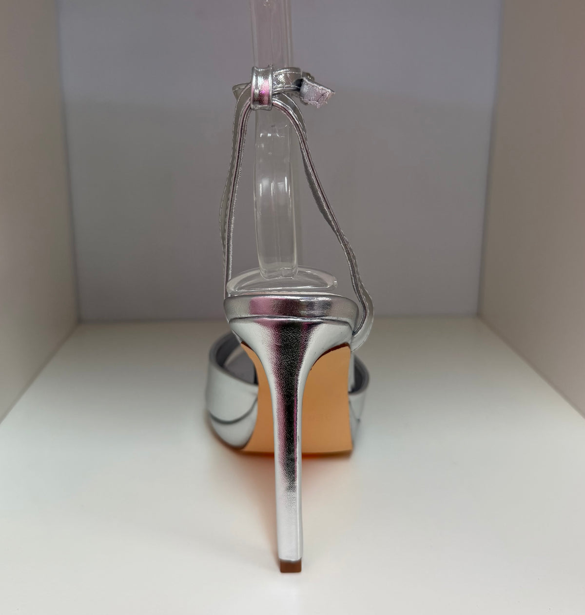 HINA SILVER METALLIC FAUX LEATHER PLATFORM STILEETO WITH ANKLE STRAP