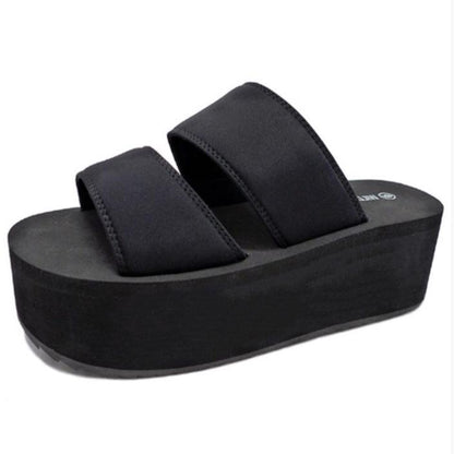 FELICIA-01 BLACK DOUBLE BAND VAMP PLATFORM FLATFORM ROUND OPEN TOE FOAM SANDAL