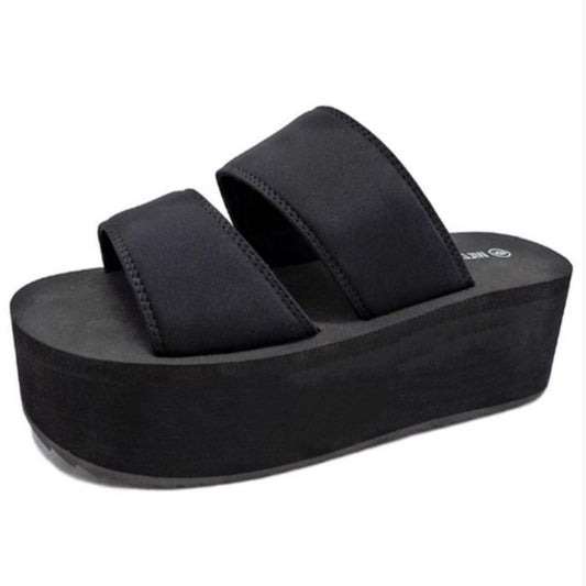 FELICIA-01 BLACK DOUBLE BAND VAMP PLATFORM FLATFORM ROUND OPEN TOE FOAM SANDAL
