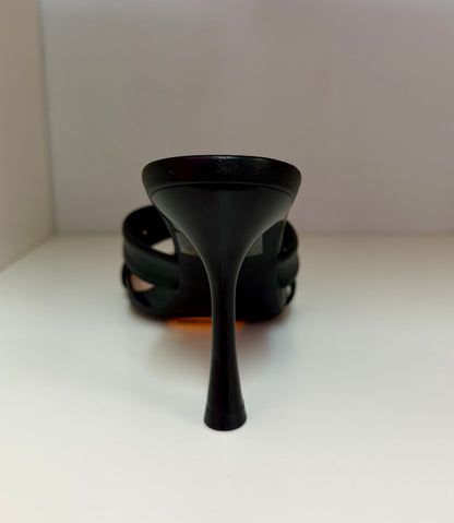 PROWL-07 BLACK FAUX LEATHER STRAPPY SLIP ON MULE STILETTO HEEL WITH GOLD FRONT DETAIL