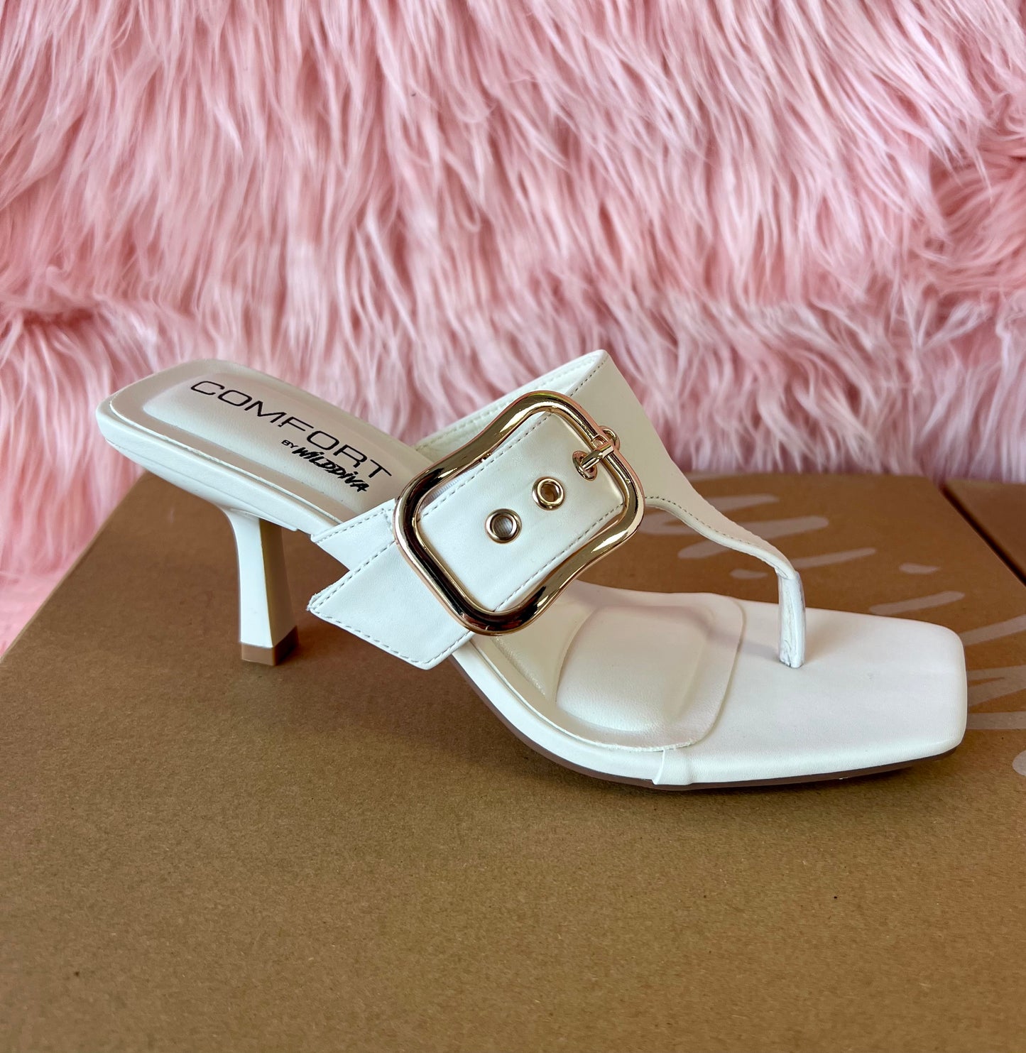 MERASA-13 White Stone Kitten Heel Split Toe Black Faux Leather - Slip On - Square Open Toe