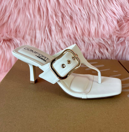 MERASA-13 White Stone Kitten Heel Split Toe Black Faux Leather - Slip On - Square Open Toe