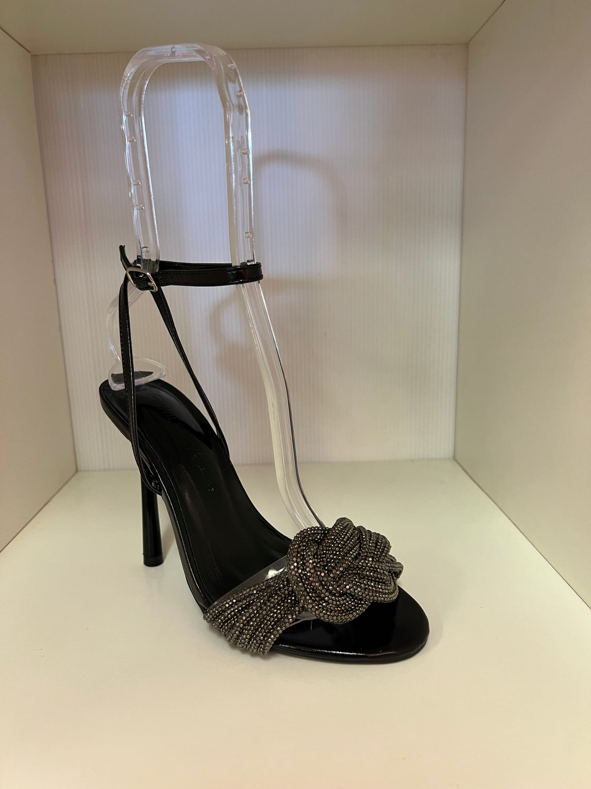 NARI-02 BLACK FAUX LEATHER OPEN TOE STILETTO WITH KNOTTED RHINESTONE VAMP