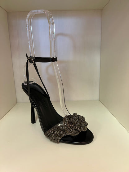 NARI-02 BLACK FAUX LEATHER OPEN TOE STILETTO WITH KNOTTED RHINESTONE VAMP