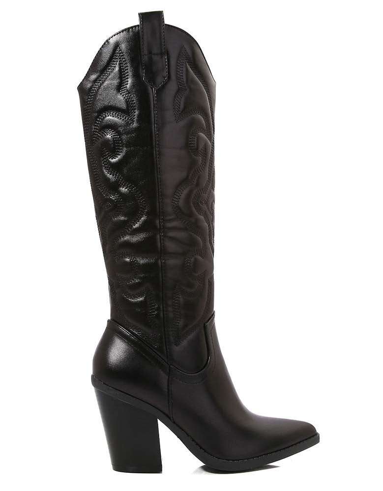 ARIZONA/2025

- Black Vegan Leather
- Knee High Cowboy Boot
- Western Styling with Stitching Detail
- Inner Half Zipper Closure
- Pointy Toe
- Cone Block Heel, Approx. 3"