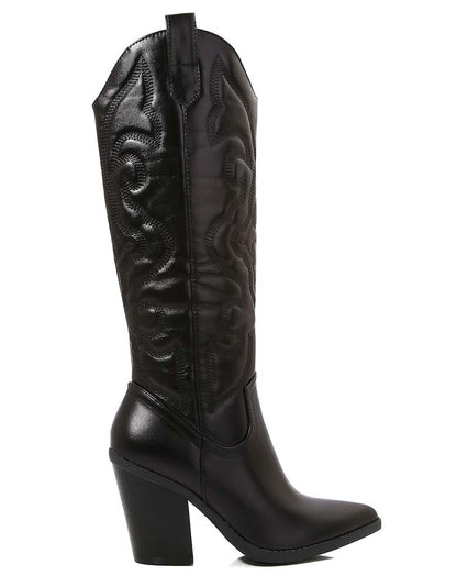 ARIZONA/2025

- Black Vegan Leather
- Knee High Cowboy Boot
- Western Styling with Stitching Detail
- Inner Half Zipper Closure
- Pointy Toe
- Cone Block Heel, Approx. 3"