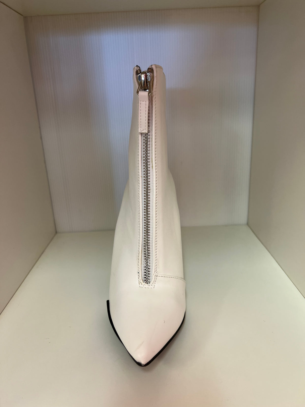 SHYY-02 WHITE FAUX LEATHER POINTY TOE STILETTO BOOTIE WITH FRONT ZIPPER