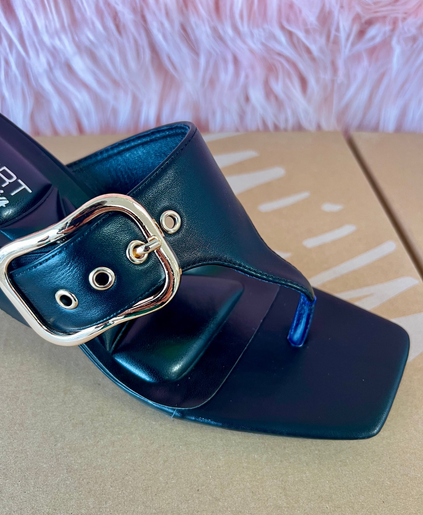 MERASA-13 Black Kitten Heel Split Toe Black Faux Leather - Slip On - Square Open Toe