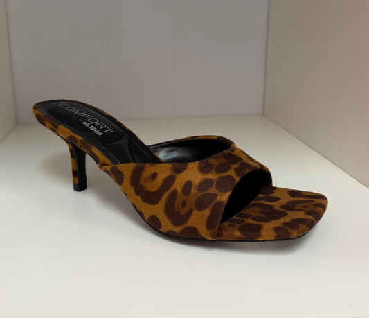 ELLIE-40 AG26 LEOPARD PRINT FAUX SUEDE SLIP ON MULE OPEN TOE KITTEN HEEL SANDAL