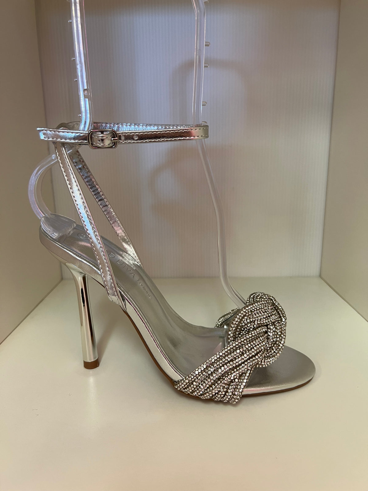 NARI-02 SILVER FAUX LEATHER OPEN TOE STILETTO WITH KNOTTED RHINESTONE VAMP
