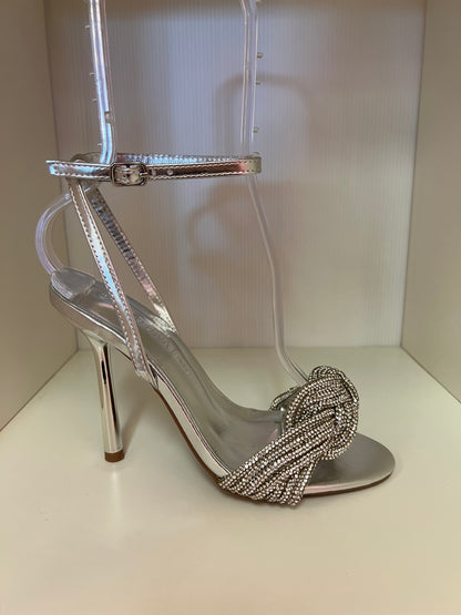NARI-02 SILVER FAUX LEATHER OPEN TOE STILETTO WITH KNOTTED RHINESTONE VAMP