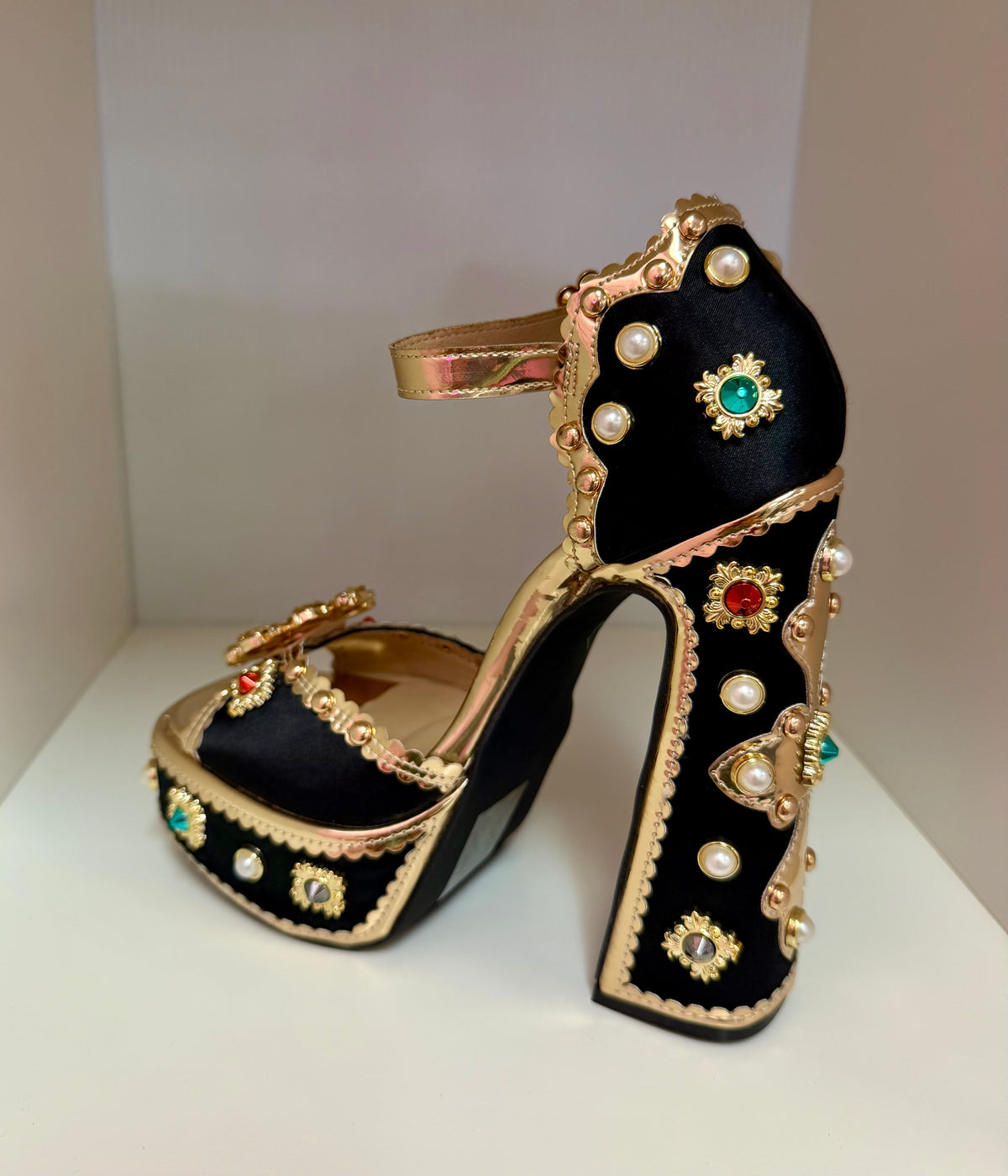 ROYAL-1 AG26 BLACK SATIN PLATFORM CHUNKY HEEL TRIMMED WITH GOLD FAUX LEATHER AND ALL OVER JEWELS