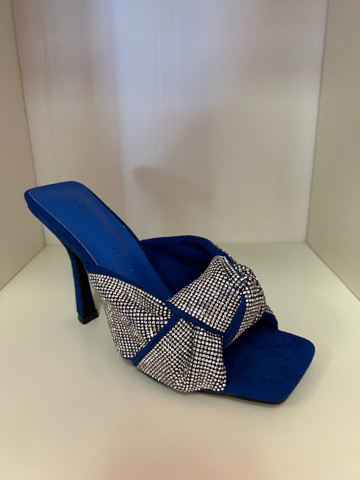 BELLINI-01 BLUE FAUX SUEDE SQUARE OPEN TOE STILETTO MULE WITH RHINESTONE COVERED MULTI STRAP KNOTTED VAMP