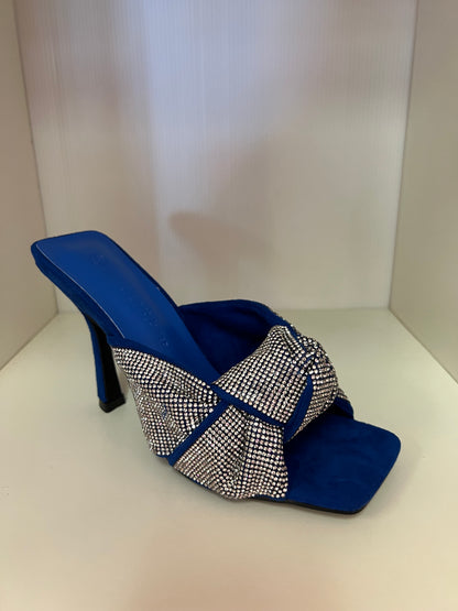 BELLINI-01 BLUE FAUX SUEDE SQUARE OPEN TOE STILETTO MULE WITH RHINESTONE COVERED MULTI STRAP KNOTTED VAMP