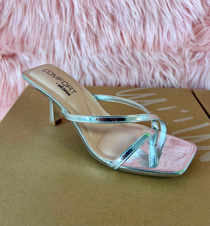 MERASA-09 Silver Kitten Heel Open Toe Faux Leather