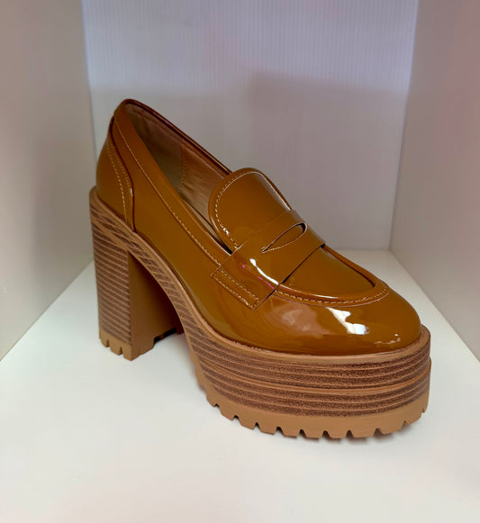 MANILA-03 CAMEL PATENT PLATFORM BLOCK HEEL ROUND TOE LOAFERS