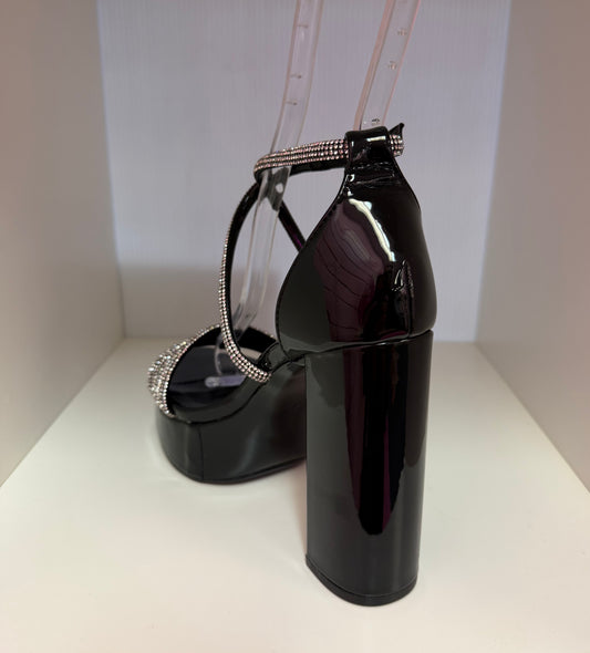 GENEVA-06 BLACK PATENT LEATHER PLATFORM BLOCK HEEL WITH MULTISTRAP RHINESTONE VAMP AND CRISCROSS RHINESTONE STRAPS