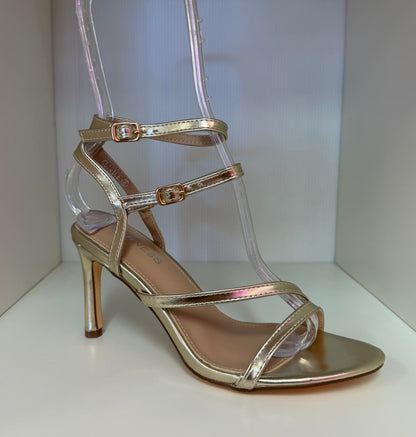 CLARICE GOLD PATENT STRAPPY OPEN TOE STILETTO HEEL WITH ANKLE STRAP AND ROUND TOE BASE