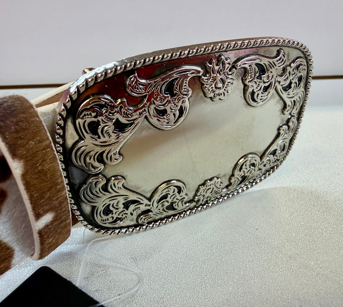 RANCHER FAUX COW HIDE BELT WITH SILVER PRONG BUCKLE