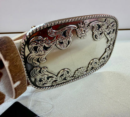 RANCHER FAUX COW HIDE BELT WITH SILVER PRONG BUCKLE
