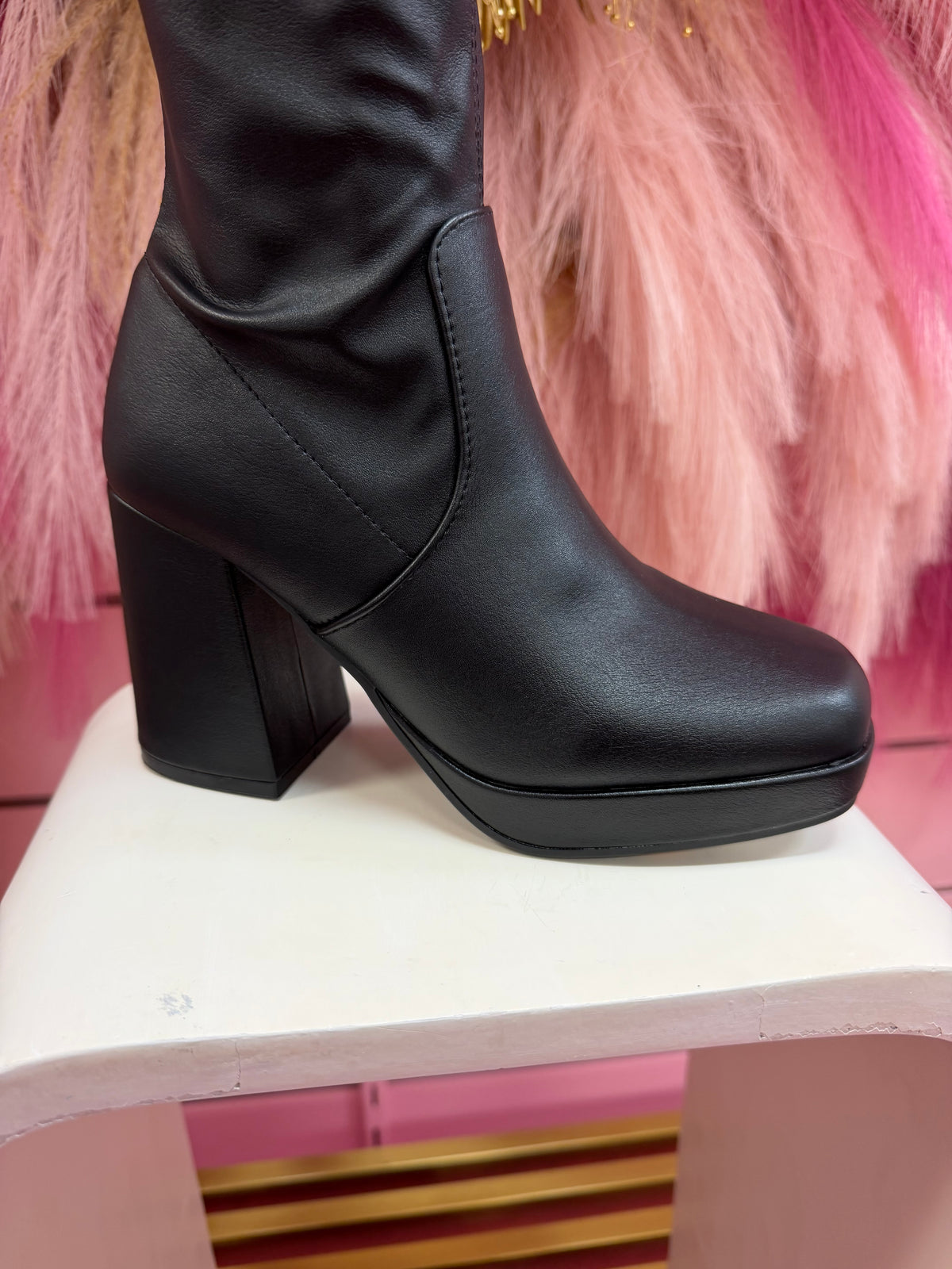 YOLA-02 BLACK FAUX LEATHER KNEE HIGH BLOCK HEEL PLATFORM BOOT