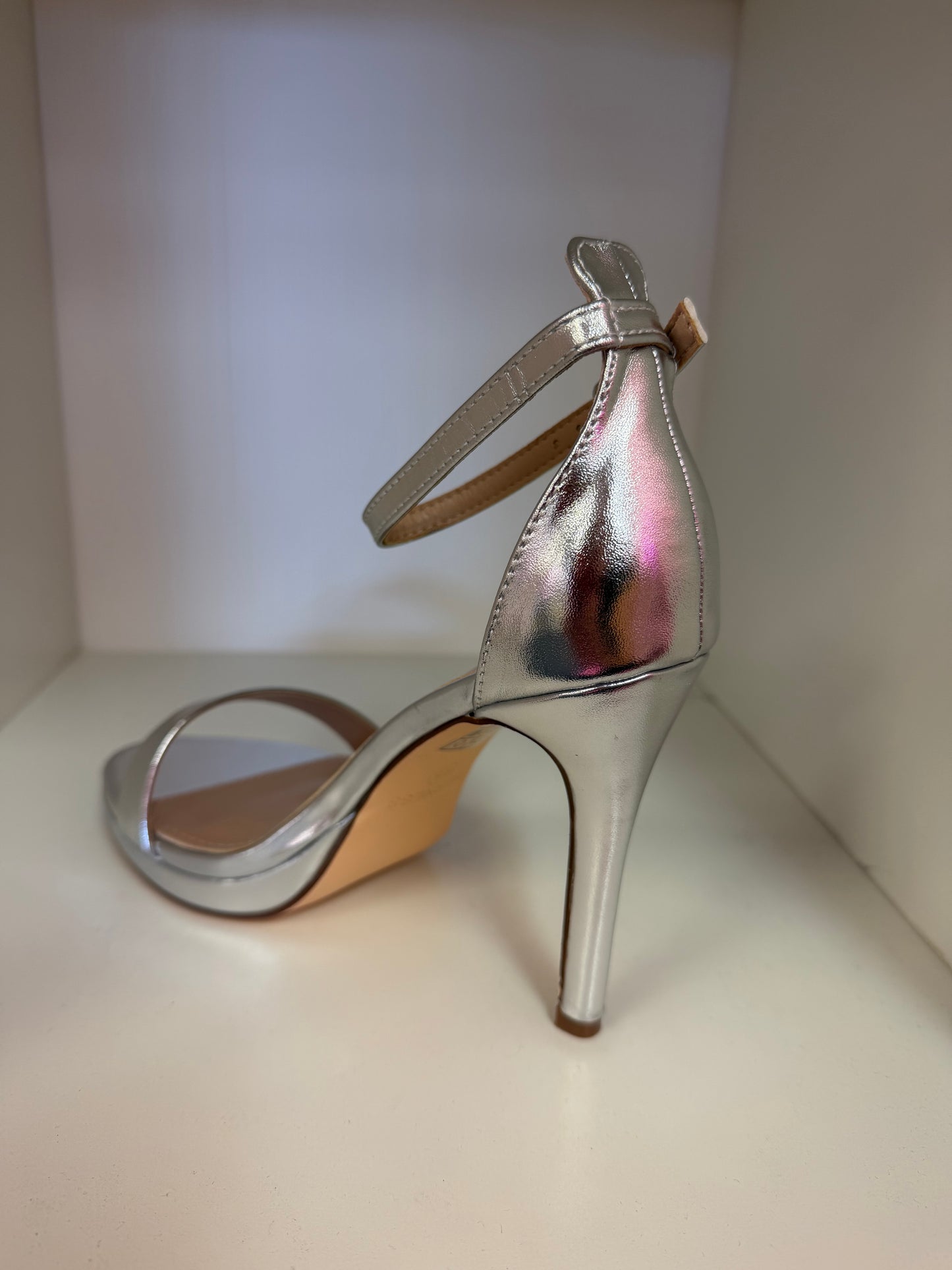 HILLARY AG26 SILVER FAUX LEATHER OPEN TOE PLATFORM STILETTO HEEL WITH ANKLE STRAP
