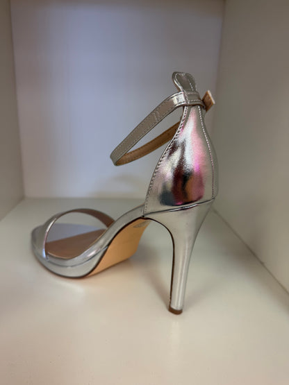 HILLARY AG26 SILVER FAUX LEATHER OPEN TOE PLATFORM STILETTO HEEL WITH ANKLE STRAP