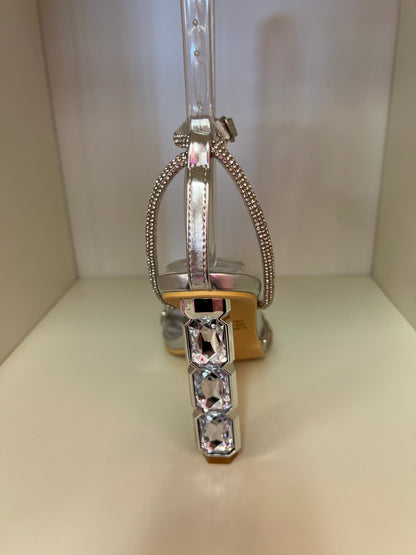 GEMSTONE-03 SILVER BLINGY HEELS WITH 3 RHINESTONE STRAP VAMP AND EMBEEDED JEWELS IN HEEL