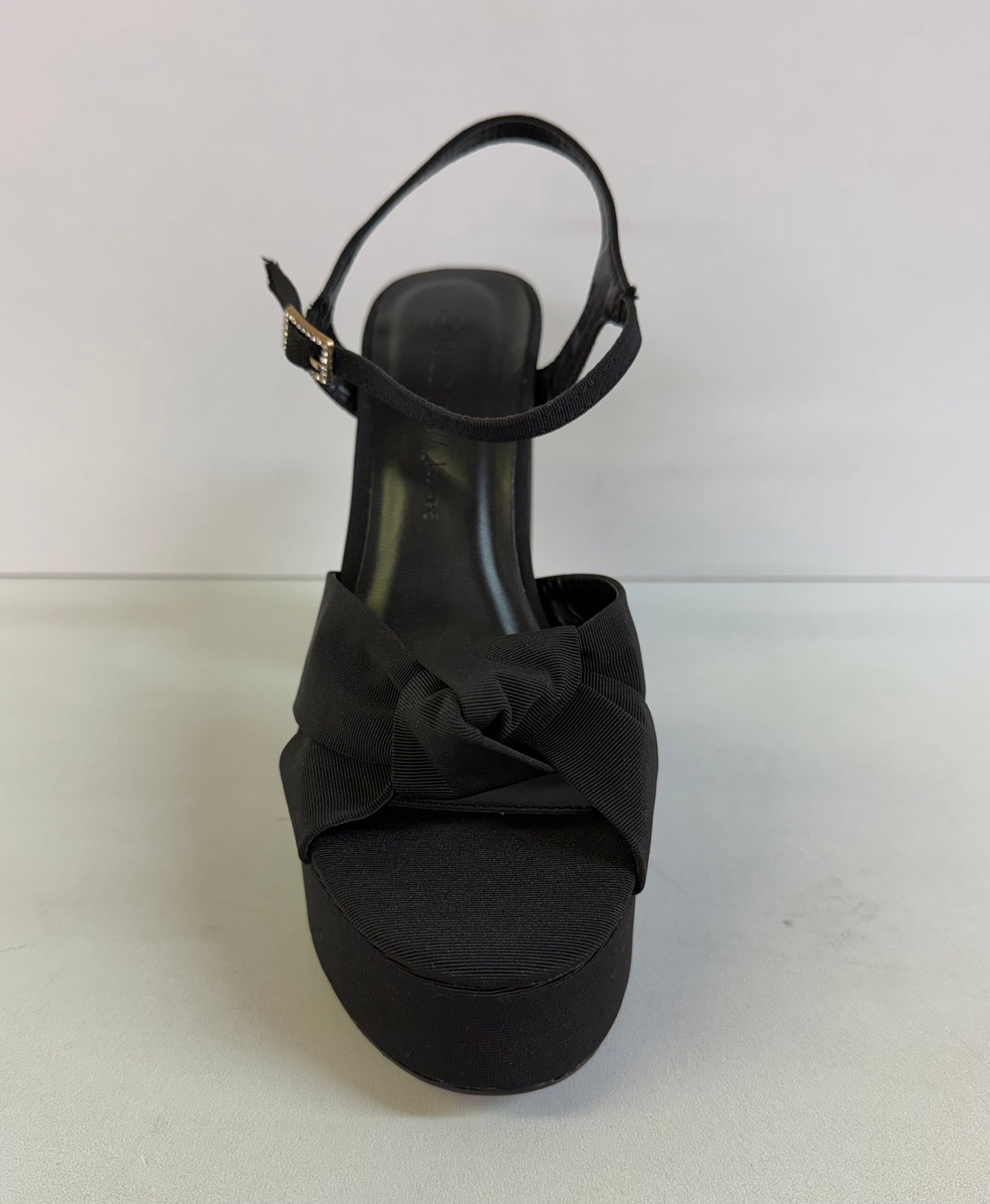 GENEVA-01 BLACK FABRIC KNOTTED STRAPS PLATFORM BLOCK HEELS