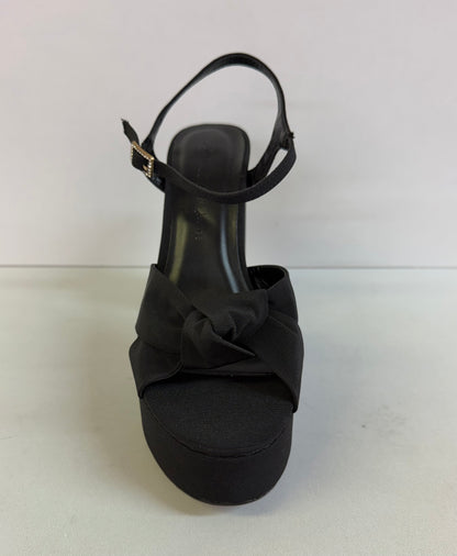 GENEVA-01 BLACK FABRIC KNOTTED STRAPS PLATFORM BLOCK HEELS