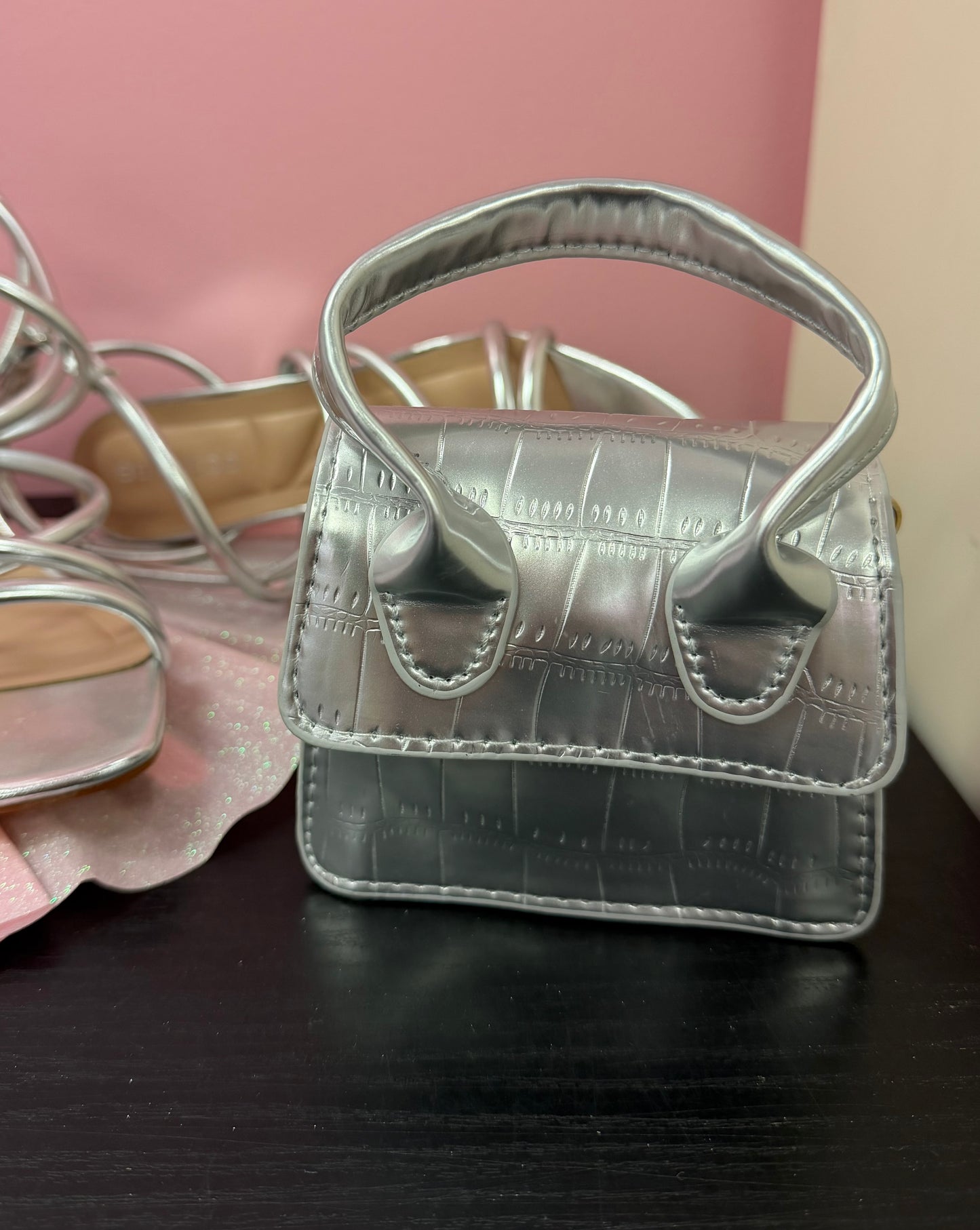 NEDRA SILVER EMBOSSED MINI BAG WITH CROSS BODY STRAP