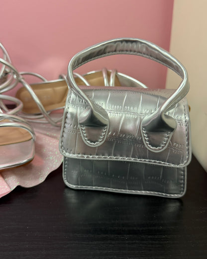 NEDRA SILVER EMBOSSED MINI BAG WITH CROSS BODY STRAP