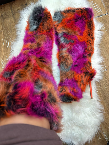 UPSETTER Orange Multi Faux Fur Boot - Stiletto Heel, approx 4" - Knee Boot