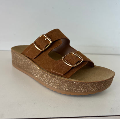 BREDA-02 whisky brown

- Whiskey Brown Sandal
- Open Toe
- Double Buckle Detail
- Slip-On Slide
- Flatform Sole, Approx. 1.5"