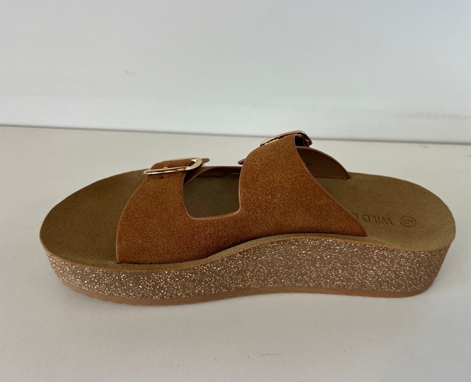 BREDA-02 whisky brown

- Whiskey Brown Sandal
- Open Toe
- Double Buckle Detail
- Slip-On Slide
- Flatform Sole, Approx. 1.5"