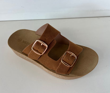 BREDA-02 whisky brown

- Whiskey Brown Sandal
- Open Toe
- Double Buckle Detail
- Slip-On Slide
- Flatform Sole, Approx. 1.5"