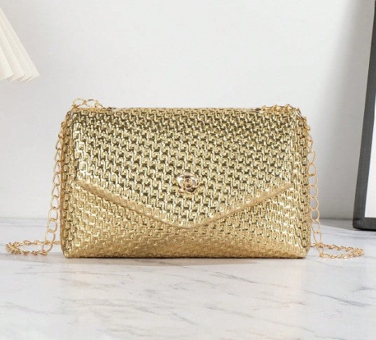 BLAKE GOLD SHINY TEXTURED FAUX LEATHER SMALL CLUTCH BAG WITH CROSSBODY STRAP