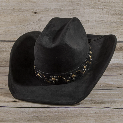 BRIONNE BLACK FAUX SUEDE COWBOY HAT WITH GOLD AND SILVER STUD BAND DESIGN