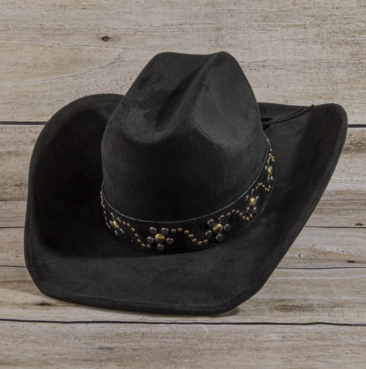 BRIONNE BLACK FAUX SUEDE COWBOY HAT WITH GOLD AND SILVER STUD BAND DESIGN