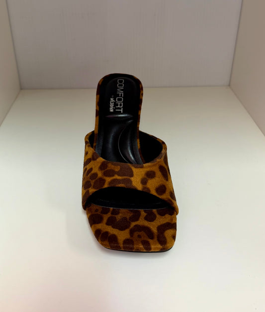 ELLIE-40 AG26 LEOPARD PRINT FAUX SUEDE SLIP ON MULE OPEN TOE KITTEN HEEL SANDAL