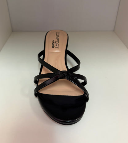 FINNA-01 BLACK PATENT LEATHER STRAPPY SLIP ON MULE KITTEN HEEL