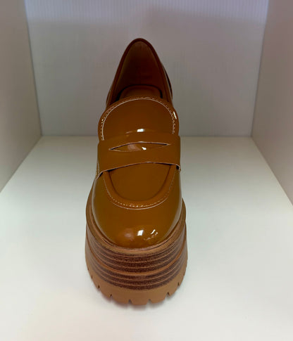 MANILA-03 CAMEL PATENT PLATFORM BLOCK HEEL ROUND TOE LOAFERS